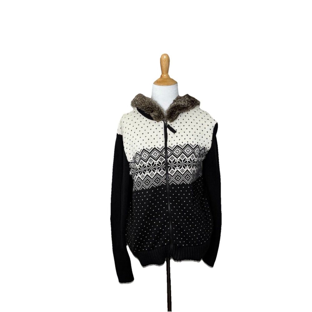 Tommy Hilfiger Sweater Zip Up Sweater w/Fur Trimmed Hood Black & Cream Size XL